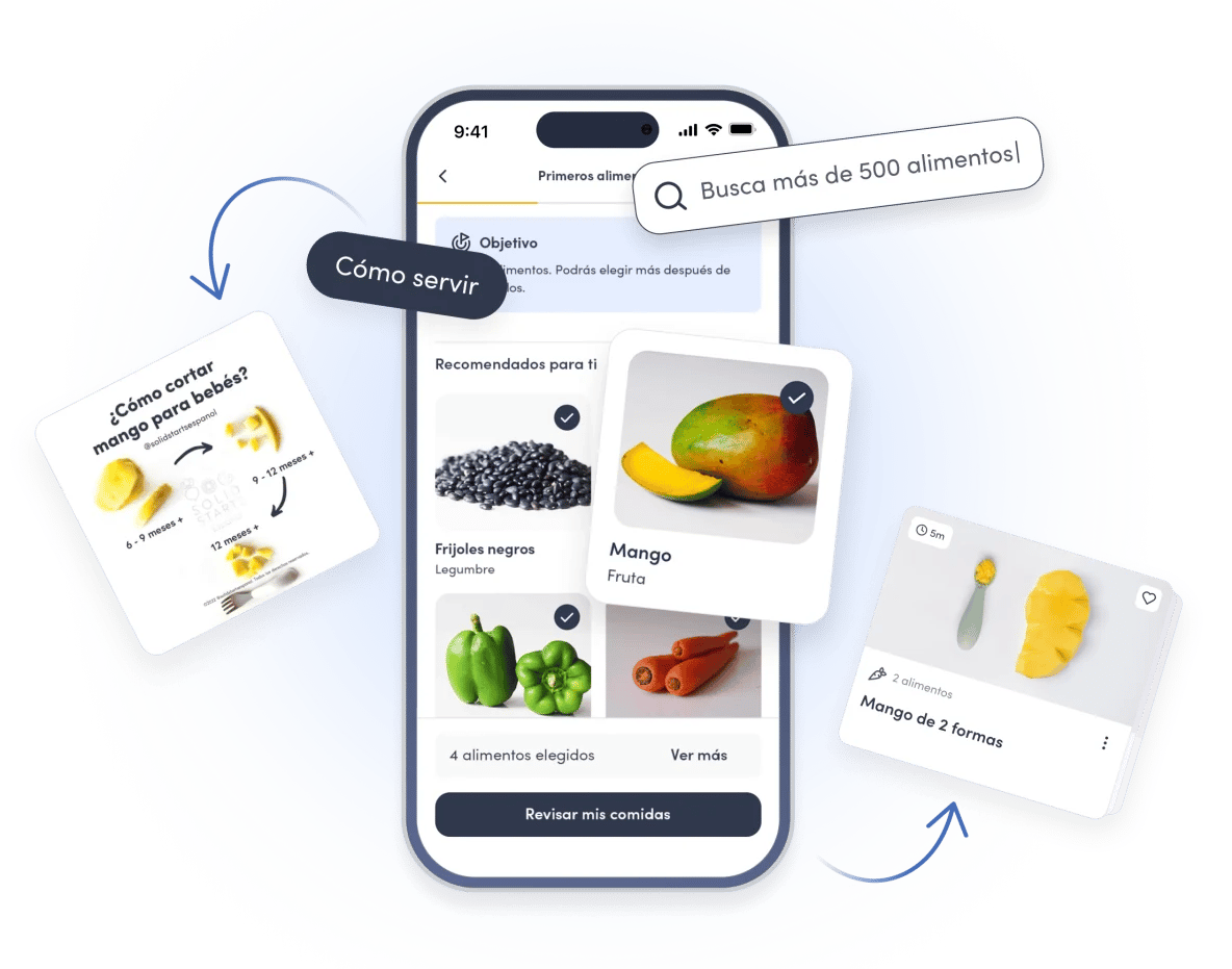 La aplicación «Solid Starts», que muestra los primeros alimentos recomendados, con fichas sobre cómo servir el mango y una función de búsqueda de más de 500 alimentos.