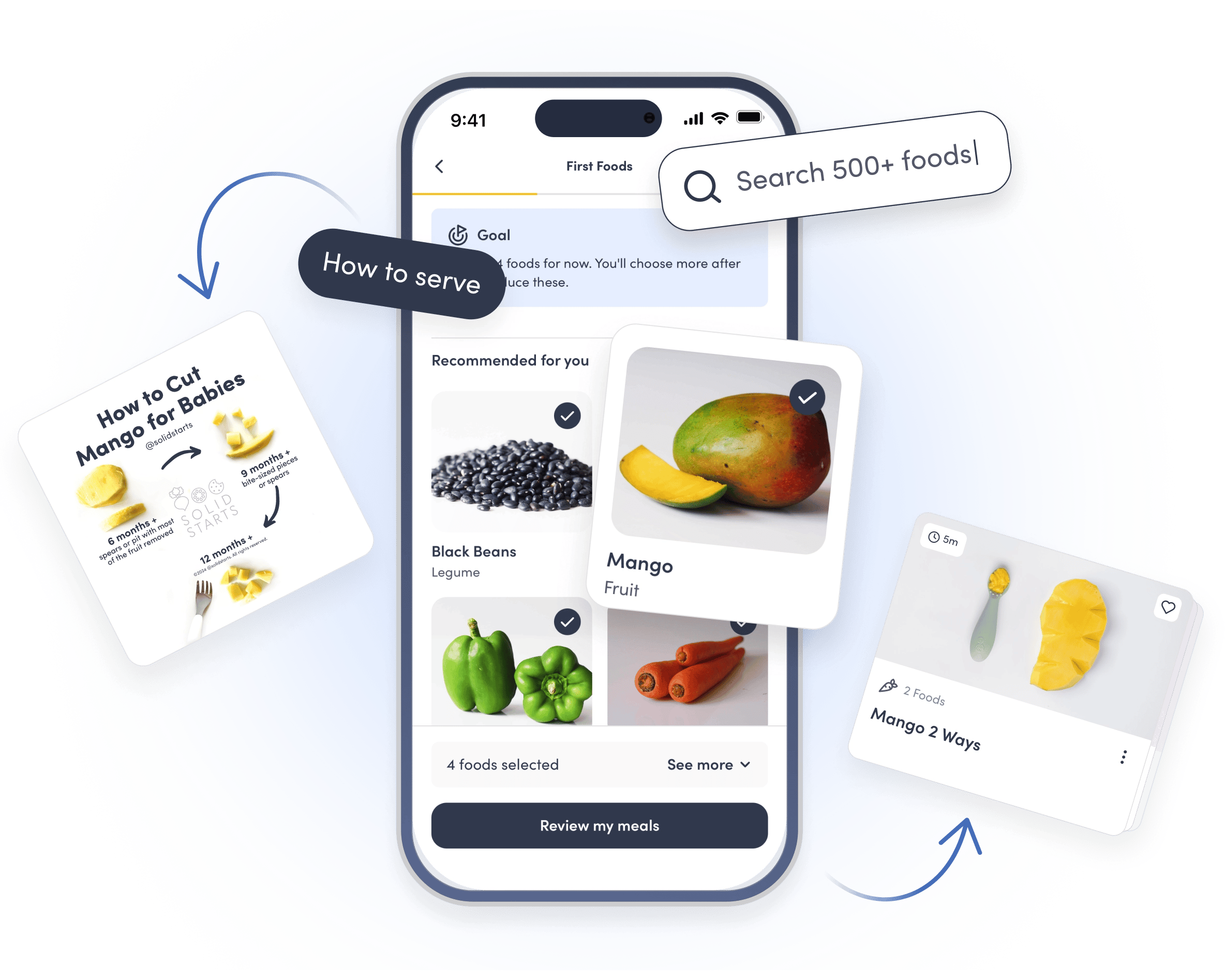 The Solid Starts app showing recommended first foods, with cards for how to serve mango and a search for 500+ foods