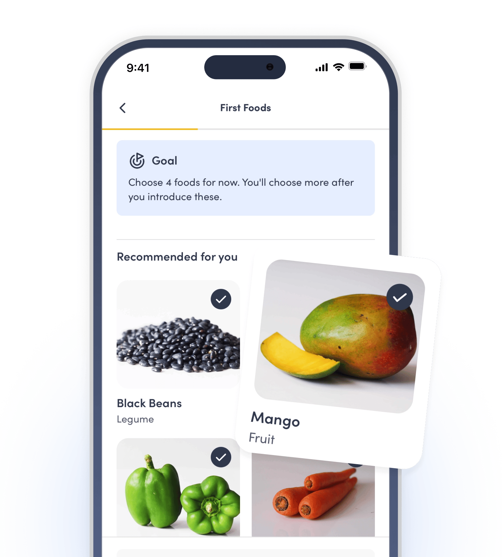 The First Foods screen of the app, with how to serve mango