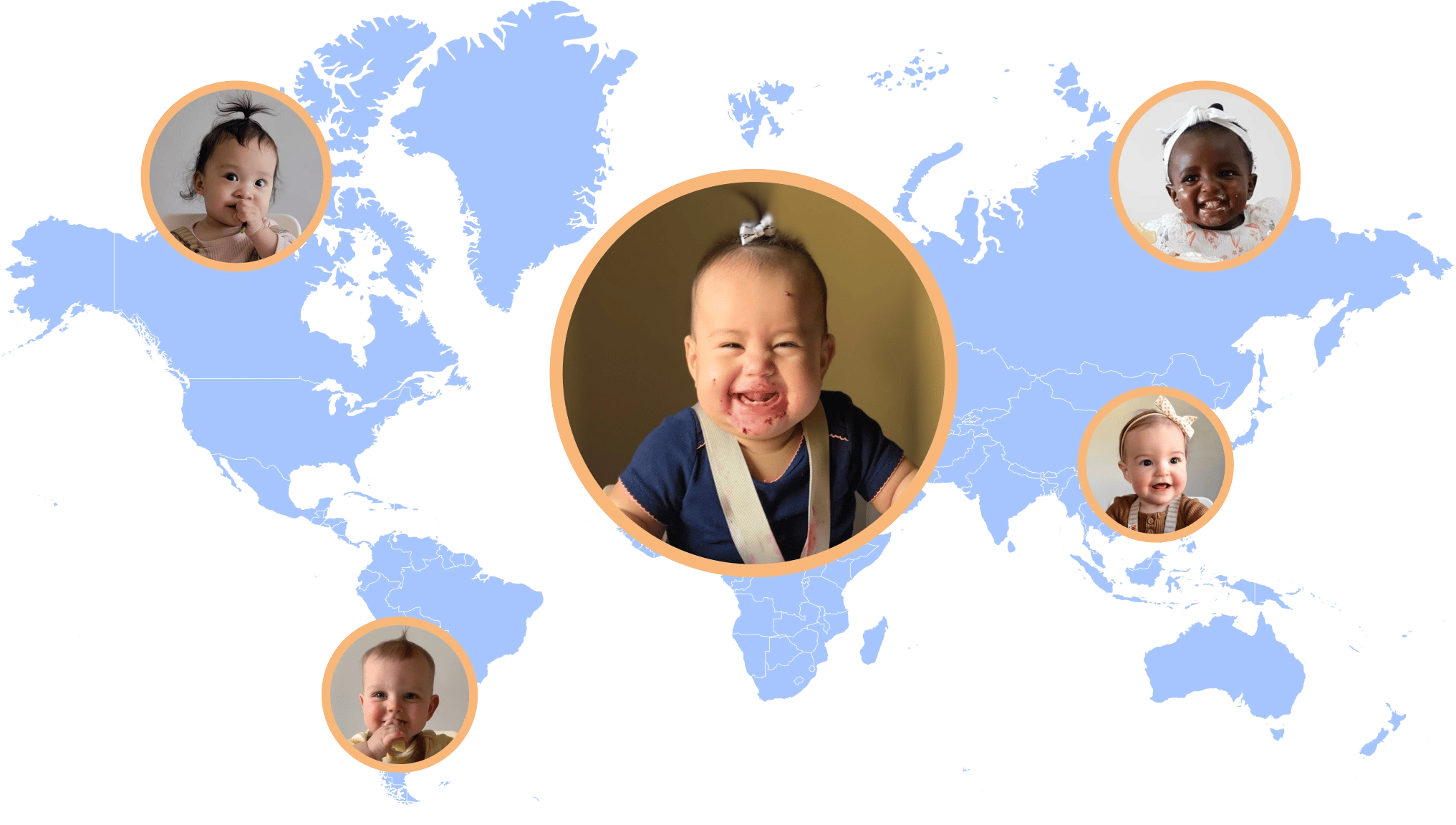 Illustrated world map with photos of babies in five regions